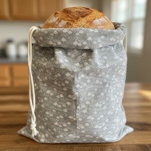 Gray & White Mushroom Print Cotton Bread Bag, Reusable Sourdough Storage Bag
